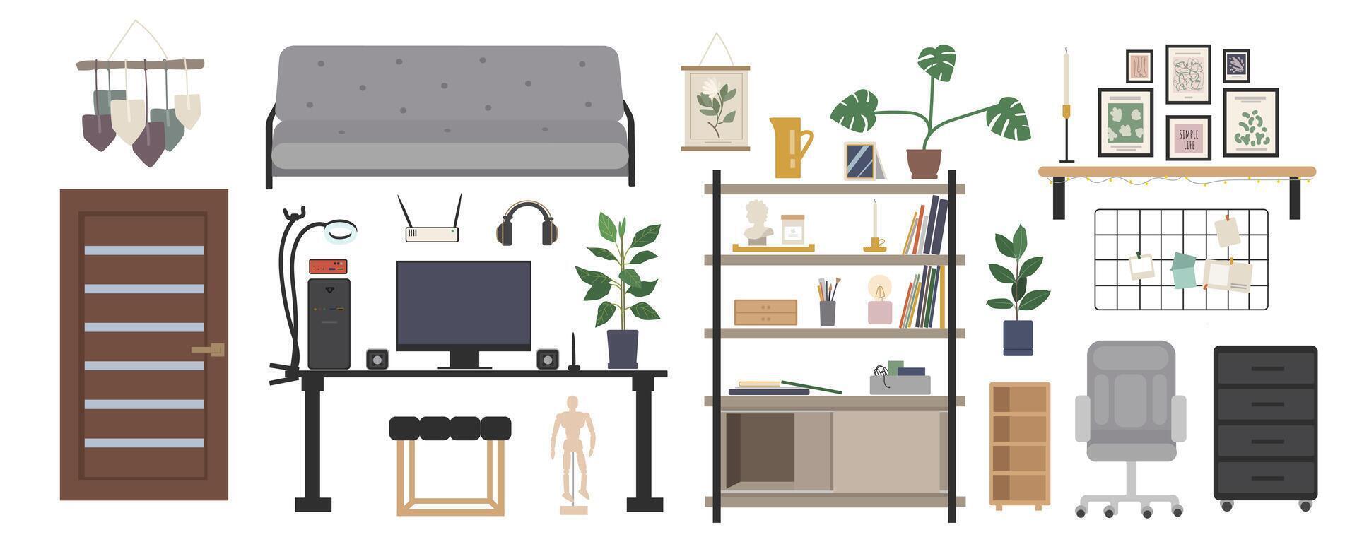 camera interno elementi costruttore mega impostato nel piatto grafico design. Creatore kit con divano, porta, ufficio scrivania con computer e poltrona, mensola con arredamento e libri, piante d'appartamento. vettore illustrazione.