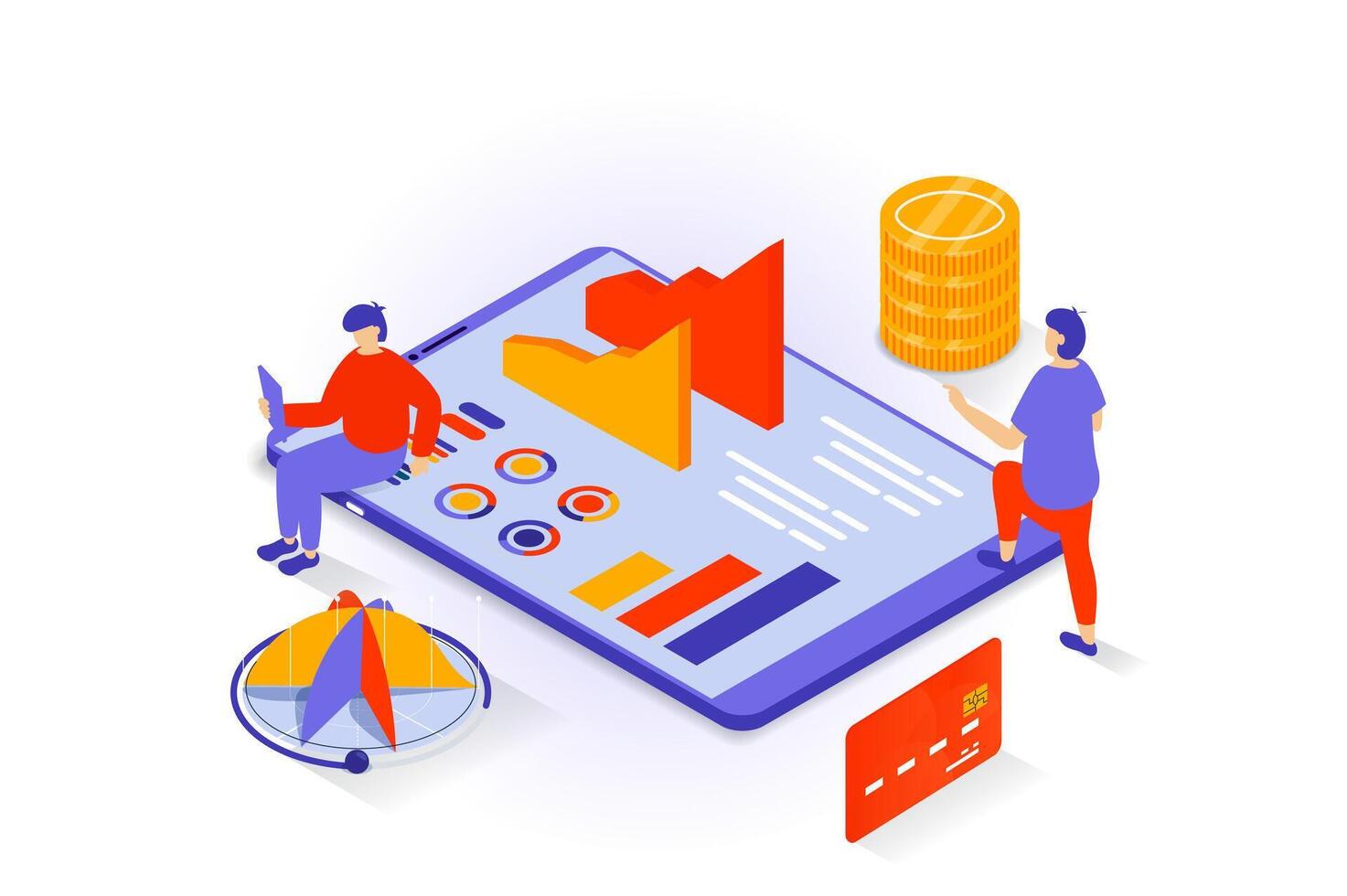 attività commerciale e marketing concetto nel 3d isometrico design. persone ricercando dati a grafici Pannello, contabilità, la creazione di strategia e annuncio. vettore illustrazione con isometria scena per ragnatela grafico