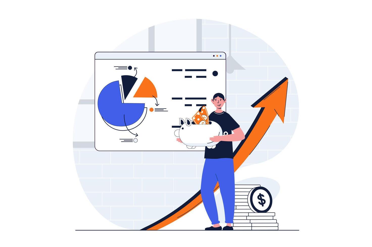 attività commerciale pianificazione ragnatela concetto con personaggio scena. uomo mostrando dati presentazione e risparmi nel porcellino banca. persone situazione nel piatto design. vettore illustrazione per sociale media marketing Materiale.