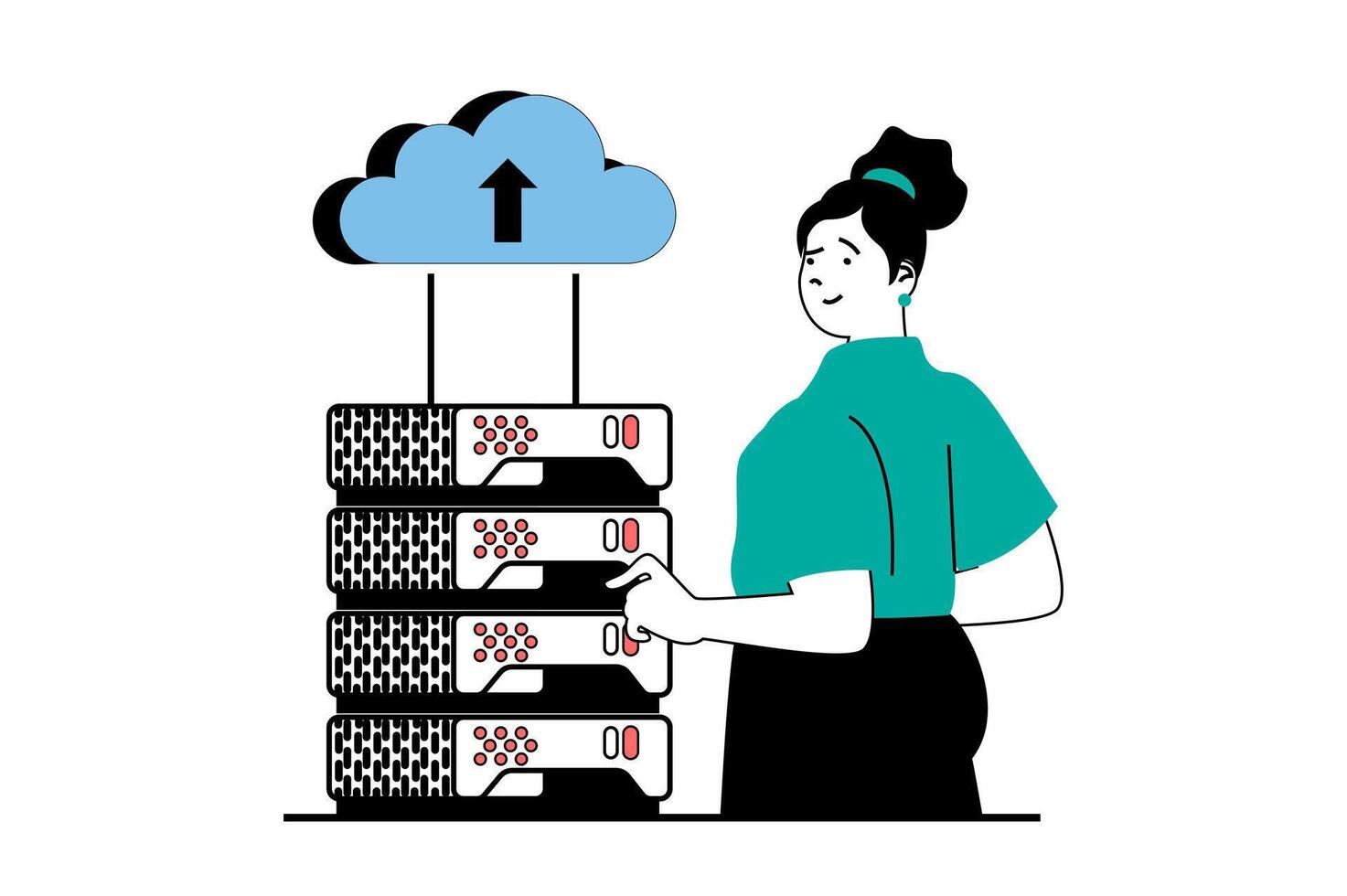 nube calcolo concetto con persone scena nel piatto ragnatela design. donna Lavorando e amministrazione a server cremagliera camera, monitoraggio hardware. vettore illustrazione per sociale media striscione, marketing Materiale.