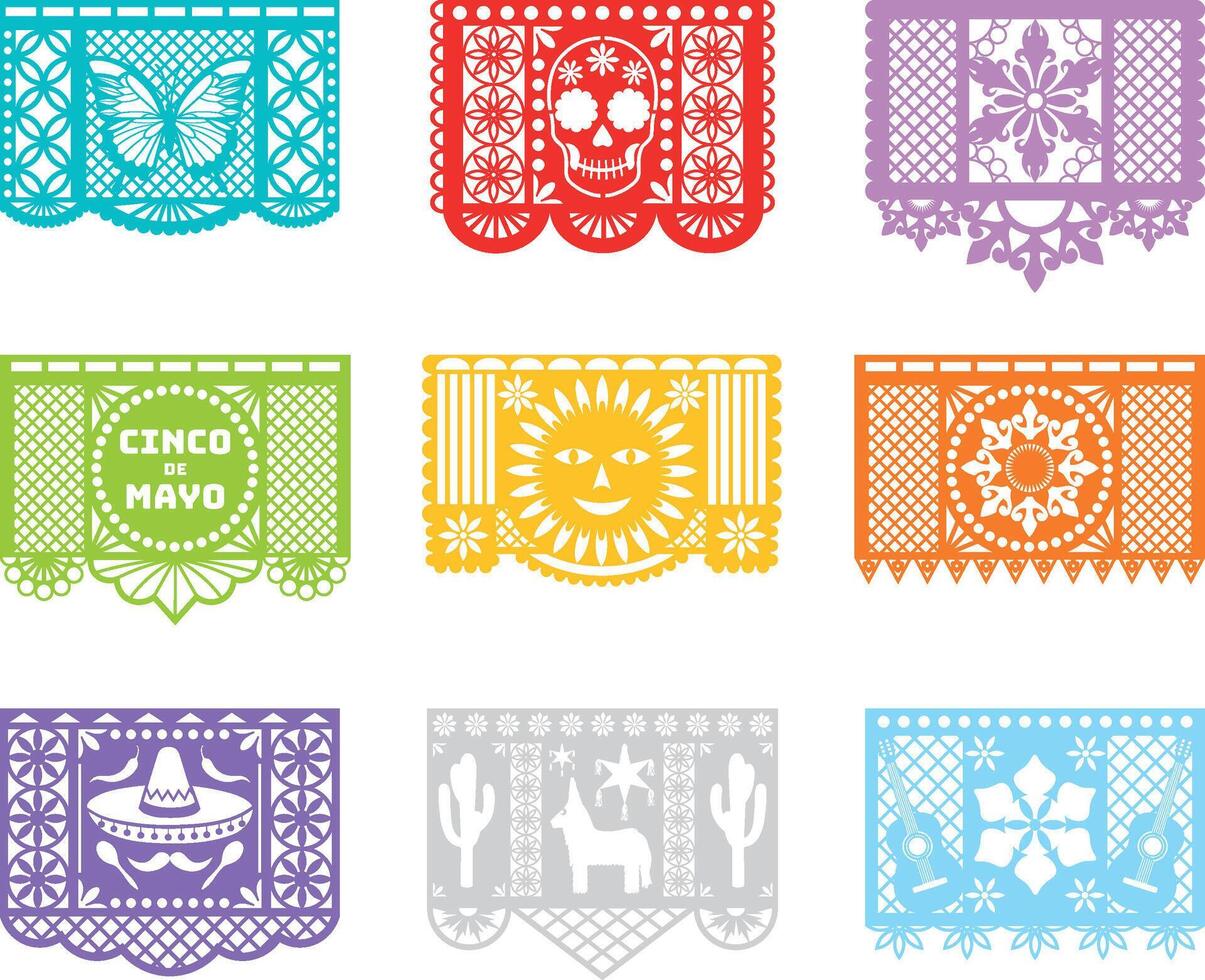 impostato di papel picado. collezione di colorato messicano decorativo bandiere. cinco de mayo celebrazione gagliardetti vettore