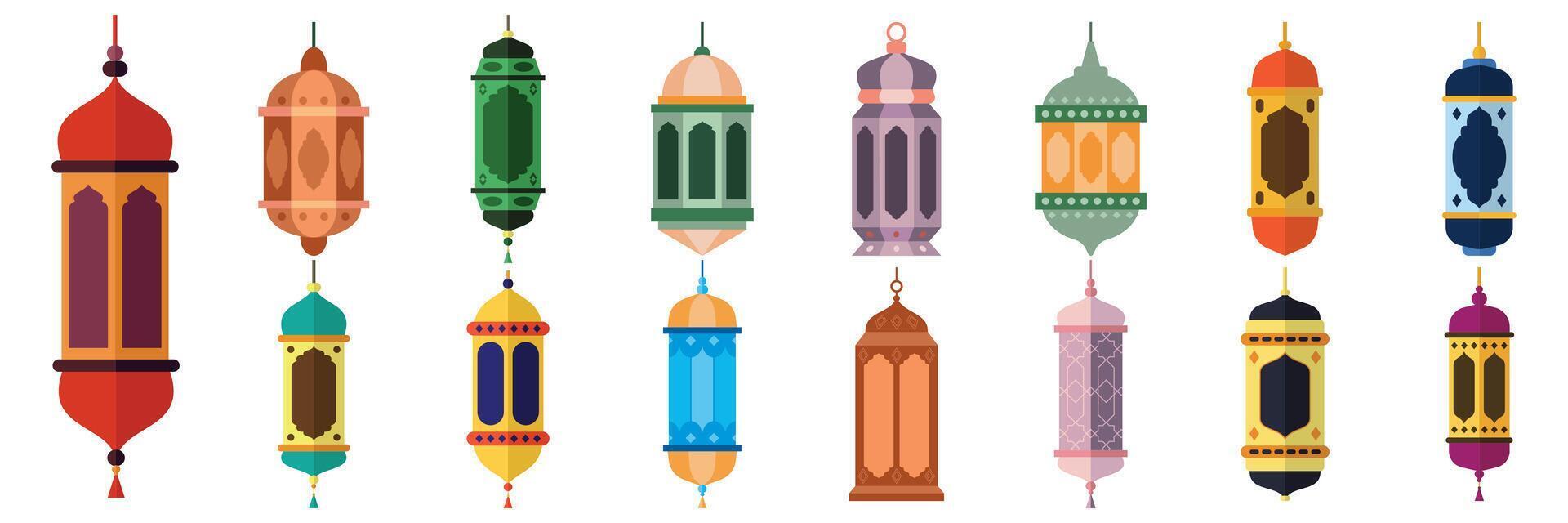 Ramadan lampada piatto colorato stile impostare. vecchio est vacanza lampada vettore illustrazione.