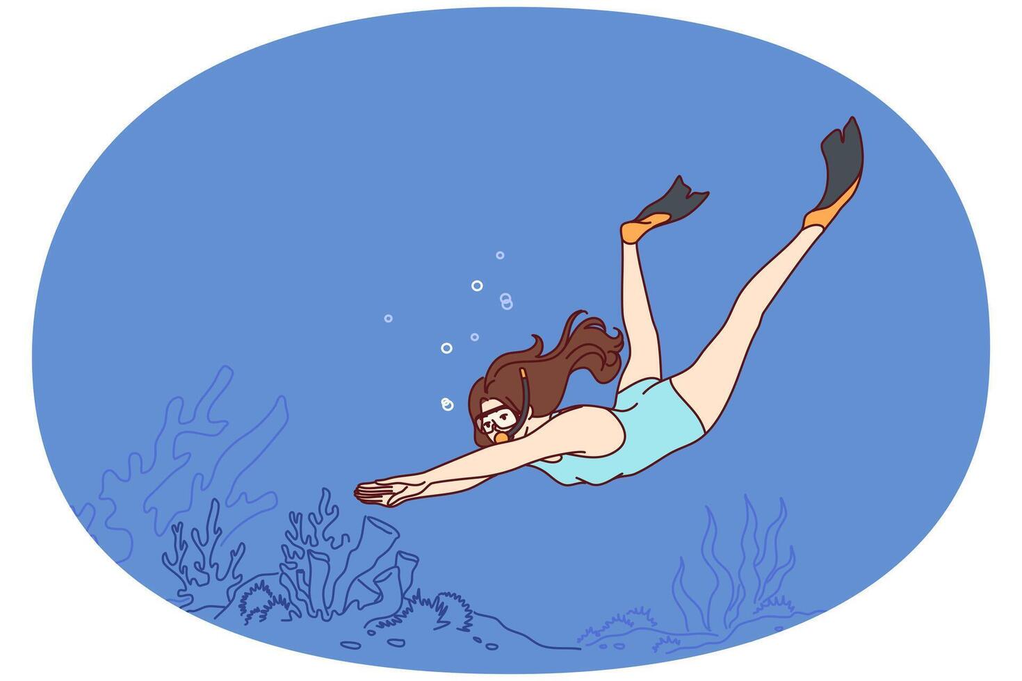 donna tuffatore nuotate subacqueo godendo bellezza di oceano pavimento coperto con alghe. vettore Immagine