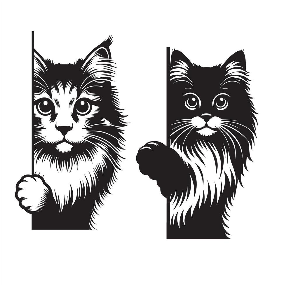 ai generato sbirciando norvegese foresta gatto illustrazione nel nero e bianca vettore