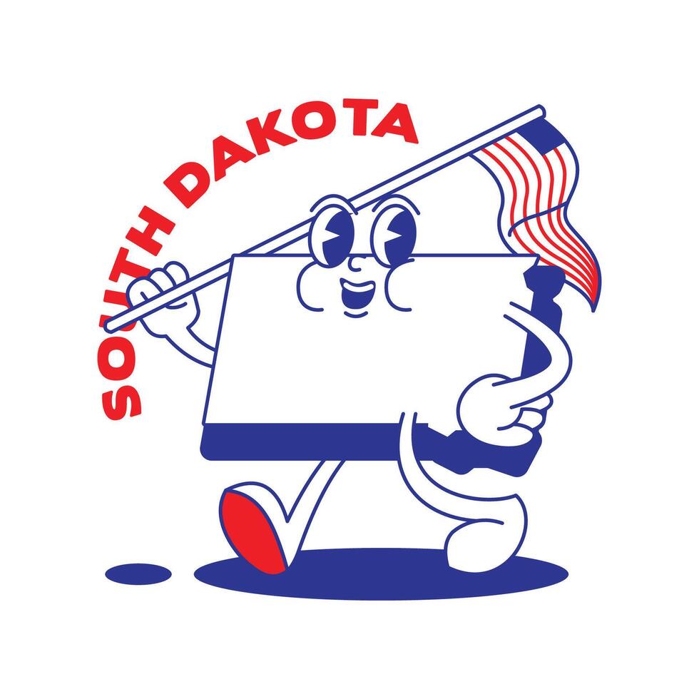 Sud dakota stato retrò portafortuna con mano e piede clip arte. Stati Uniti d'America carta geografica retrò cartone animato adesivi con divertente comico personaggi e guantato mani. vettore modello per sito web, disegno, coperchio, infografica.