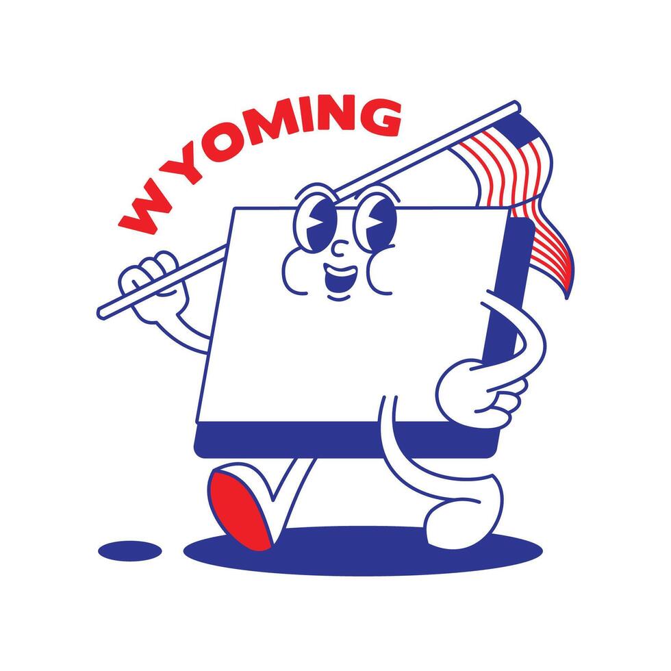 Wyoming stato retrò portafortuna con mano e piede clip arte. Stati Uniti d'America carta geografica retrò cartone animato adesivi con divertente comico personaggi e guantato mani. vettore modello per sito web, disegno, coperchio, infografica.
