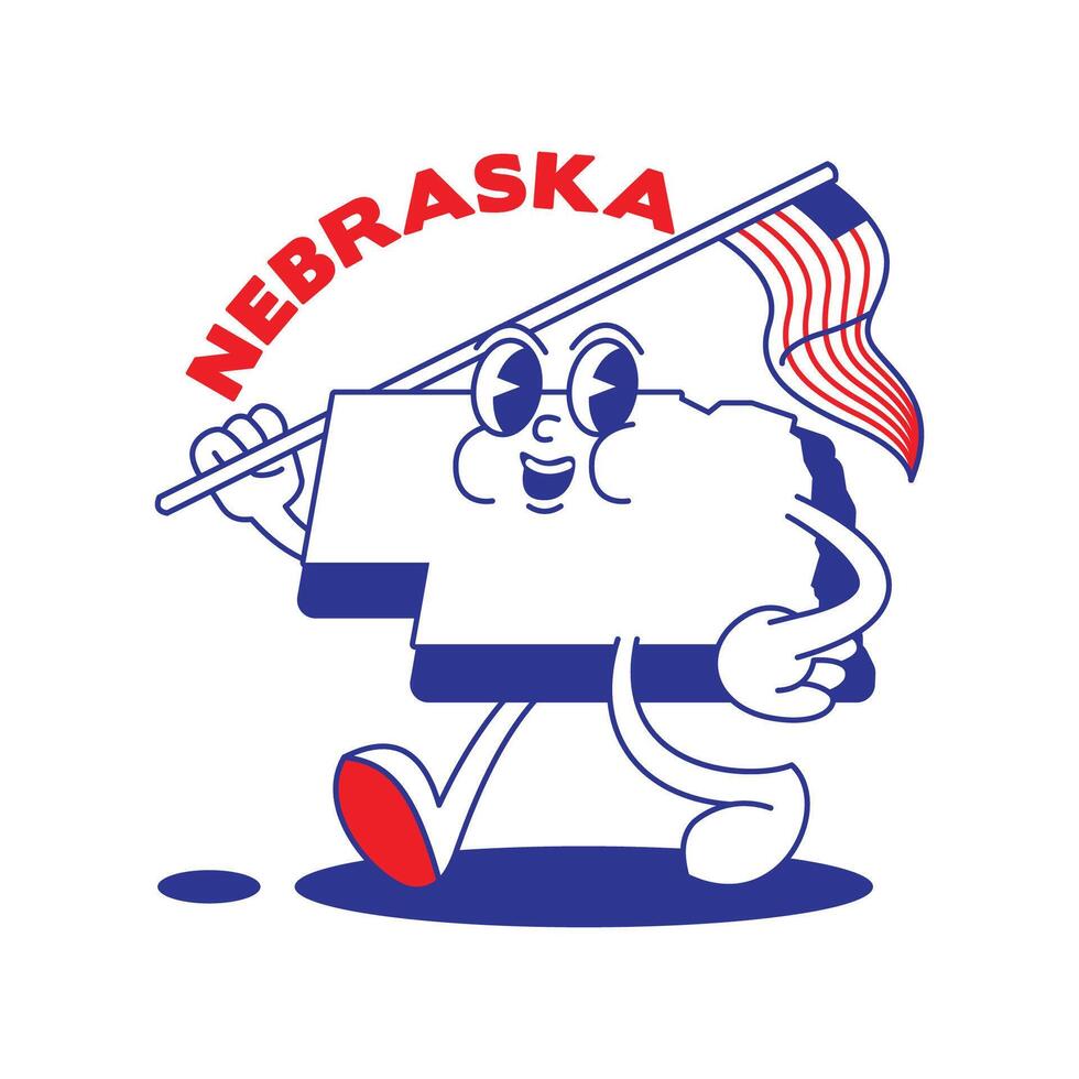 Nebraska stato retrò portafortuna con mano e piede clip arte. Stati Uniti d'America carta geografica retrò cartone animato adesivi con divertente comico personaggi e guantato mani. vettore modello per sito web, disegno, coperchio, infografica.