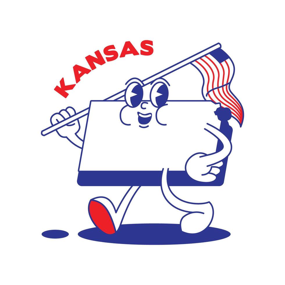 Kansas stato retrò portafortuna con mano e piede clip arte. Stati Uniti d'America carta geografica retrò cartone animato adesivi con divertente comico personaggi e guantato mani. vettore modello per sito web, disegno, coperchio, infografica.