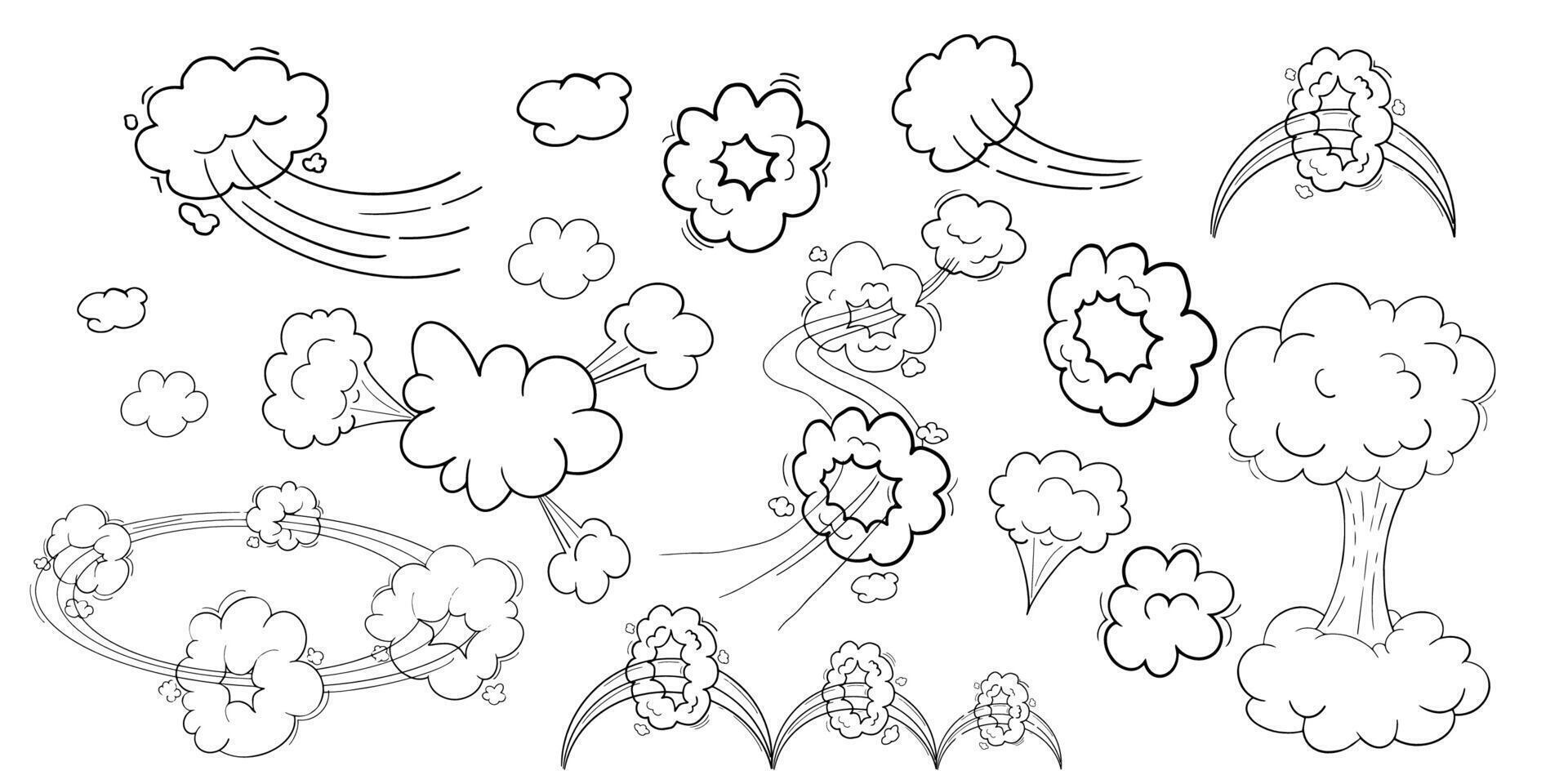 comico movimento effetto, nuvole velocità modo, pista impostato veloce vento vortice, soffio puf elementi isolato su bianca sfondo. soffio esplosione. vettore illustrazione