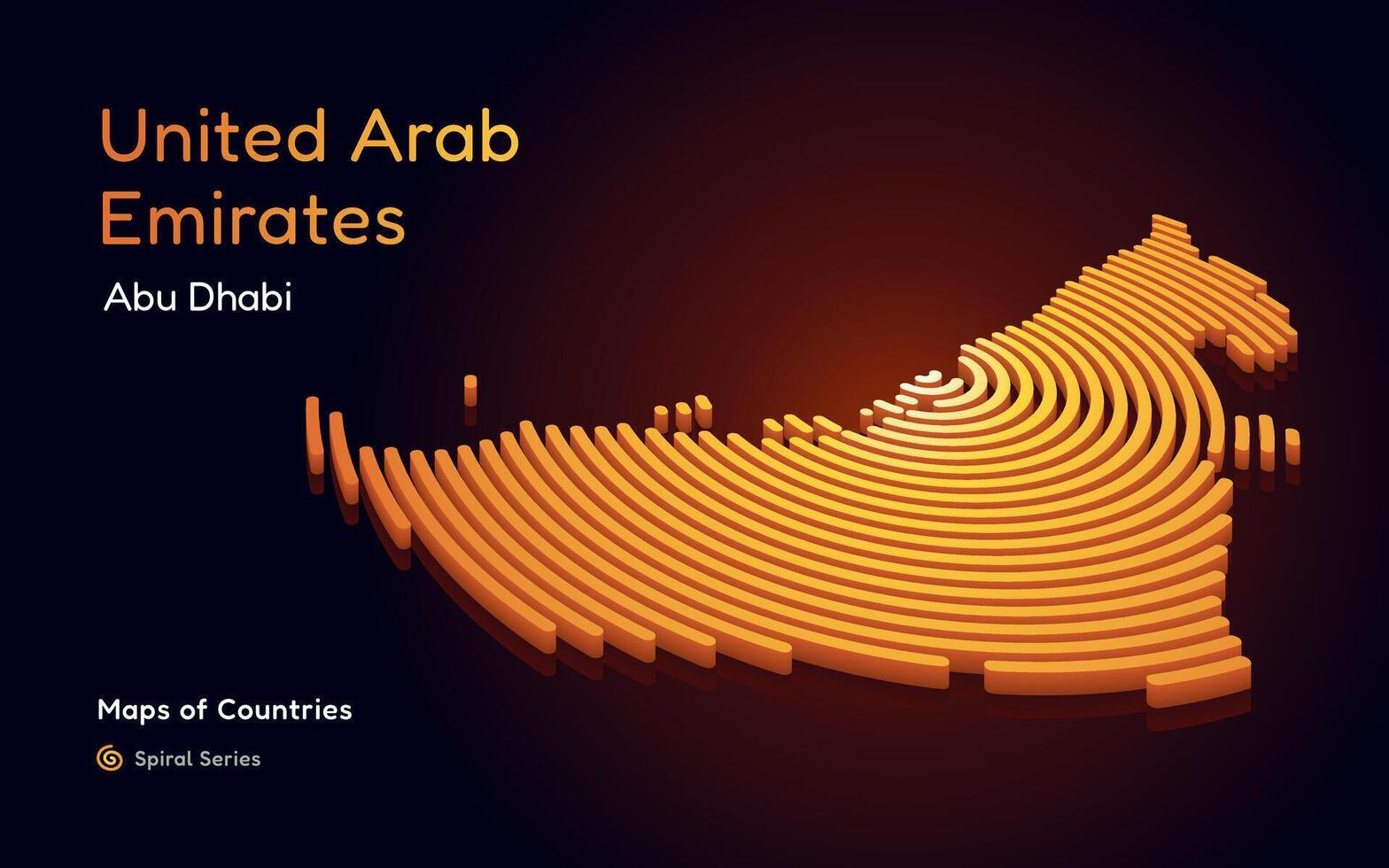 3d oro vettore carta geografica di unito arabo Emirates nel un' cerchio spirale modello con un' capitale di abu dhabi