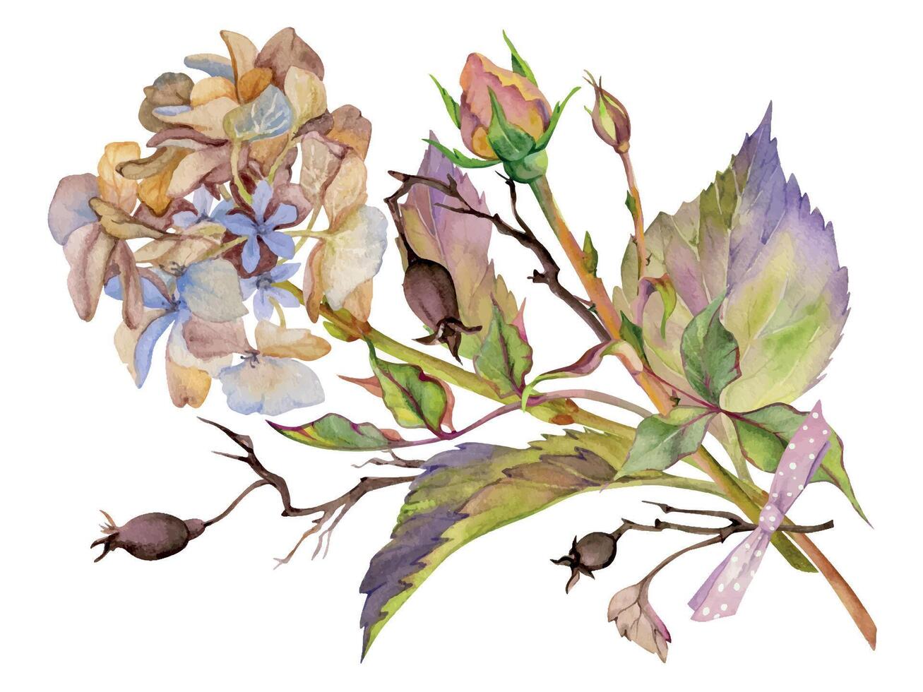 mano disegnato acquerello illustrazione squallido boho botanico fiori le foglie. rosa anca hortensia ortensia frutti di bosco rami mazzo arco. composizione isolato su bianca sfondo. design nozze, amore carte vettore