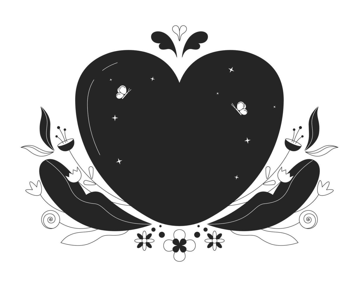 cuore primavera decorato nero e bianca 2d linea cartone animato oggetto. primavera arredamento. cuore fiori impianti telaio isolato vettore schema elemento. floreale estate monocromatico piatto individuare illustrazione