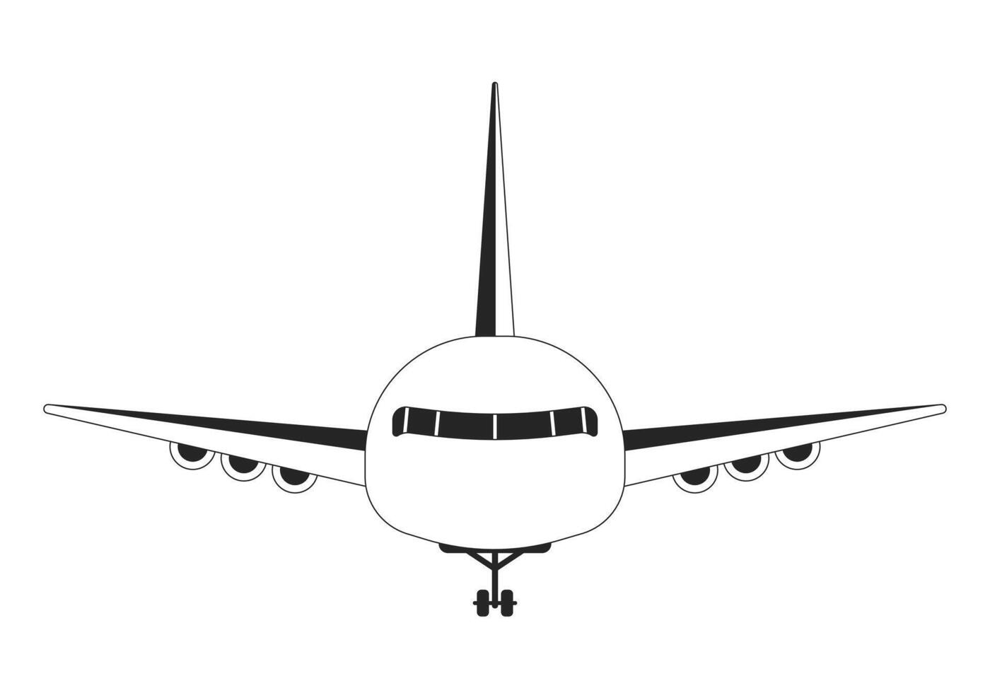 aereo davanti Visualizza nero e bianca 2d linea cartone animato oggetto. aeroporto veicolo. aereo trasporto aviazione isolato vettore schema elemento. volante mezzi di trasporto aereo di linea monocromatico piatto individuare illustrazione