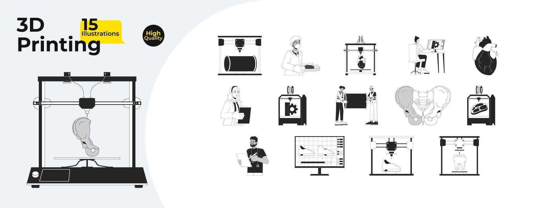 3d stampanti tecnici nero e bianca cartone animato piatto illustrazione fascio. diverso sviluppatori 2d Linea artistica personaggi isolato. medicinale, moda, cibo industria monocromatico vettore schema Immagine collezione