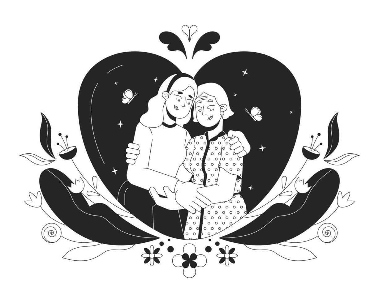 gratitudine madre giorno nero e bianca 2d illustrazione concetto. vicinanza affettuoso più vecchio madre figlia cartone animato schema personaggi isolato su bianca. bene caldo momento metafora monocromatico vettore arte