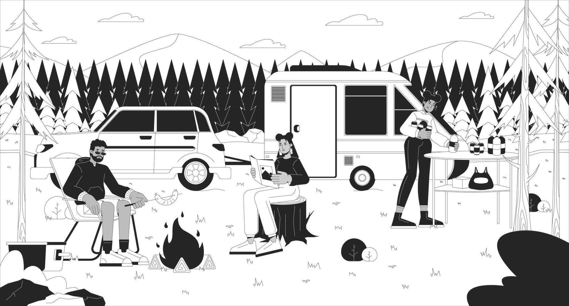 campeggio ricreazione nero e bianca linea illustrazione. foresta campeggio con amici 2d personaggi monocromatico sfondo. famiglia all'aperto primavera. campeggio tempo libero bosco schema scena vettore Immagine