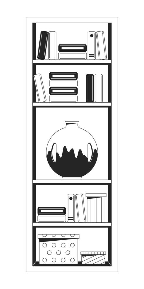 scaffalature nero e bianca 2d linea cartone animato oggetto. moderno mobilia per appartamento arredamento. scaffali con libri e vaso isolato vettore schema elemento. casa interno monocromatico piatto individuare illustrazione