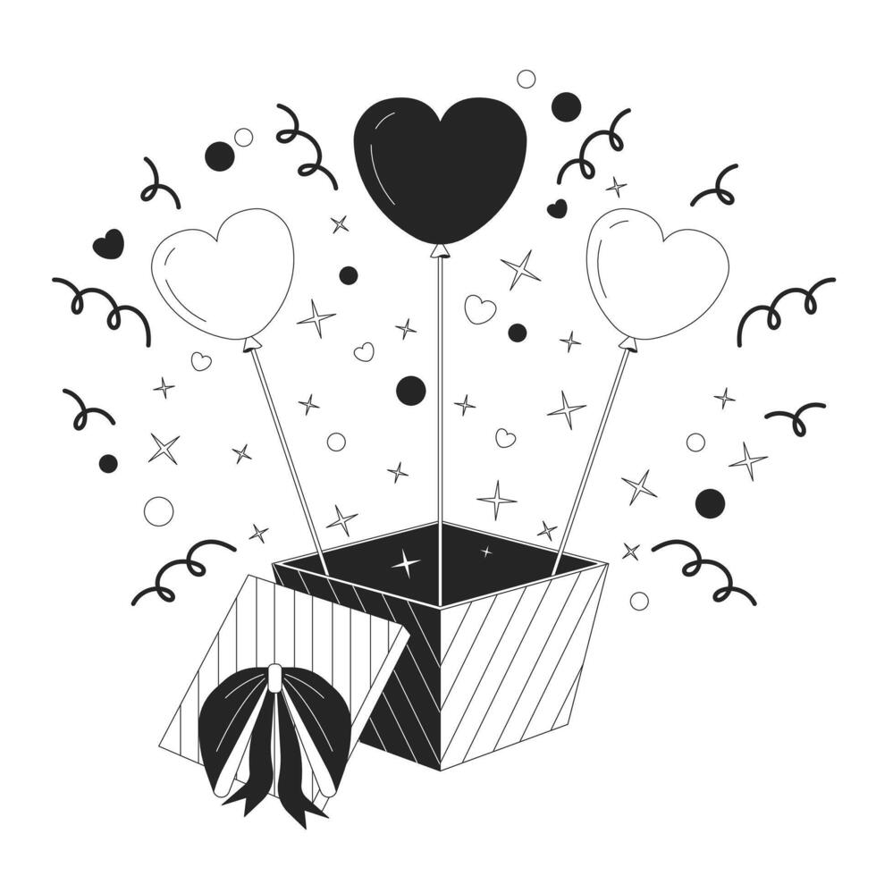 coriandoli cuore palloncini su di regalo scatola nero e bianca 2d linea cartone animato oggetto. confessione romantico pacco regalo isolato vettore schema elemento. nel amore celebrazione monocromatico piatto individuare illustrazione