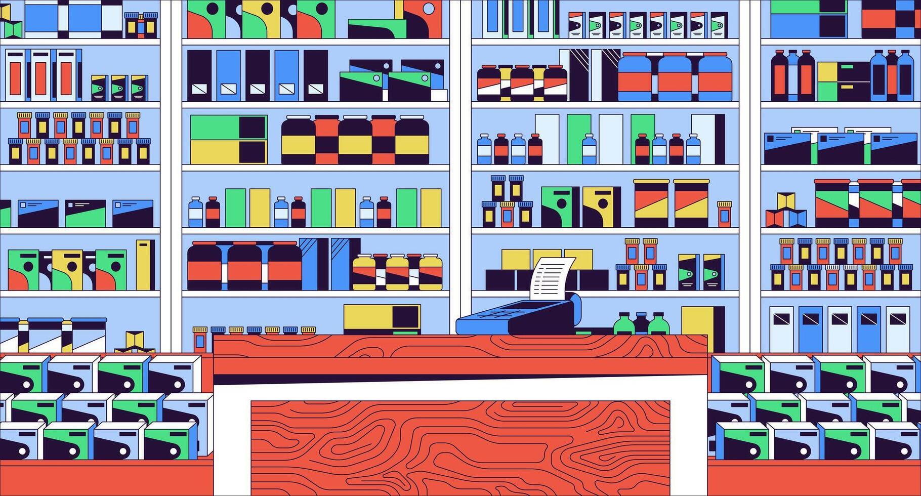 farmacia check-out contatore cartone animato piatto illustrazione. medicazione Schermo 2d linea interno colorato sfondo. pillole droga negozio. Consiglio dei ministri medicinale. prodotti farmaceutici negozio scena vettore narrativa Immagine