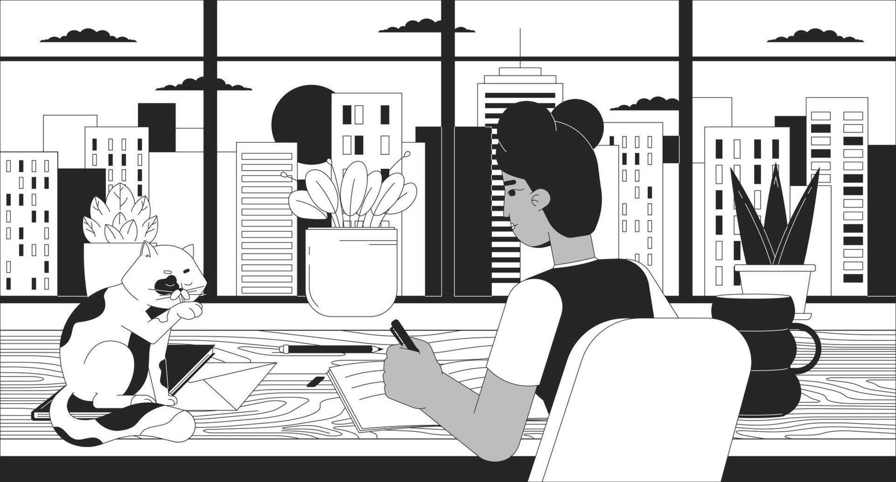 lofi studia ragazza con gatto monocromatico cartone animato piatto illustrazione vettore