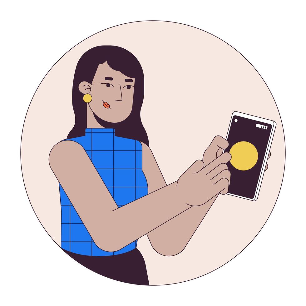 donna mostrando mobile Telefono 2d lineare cartone animato carattere. indiano femmina utilizzando smartphone isolato linea vettore persona bianca sfondo. comunicazione tecnologia colore piatto individuare illustrazione