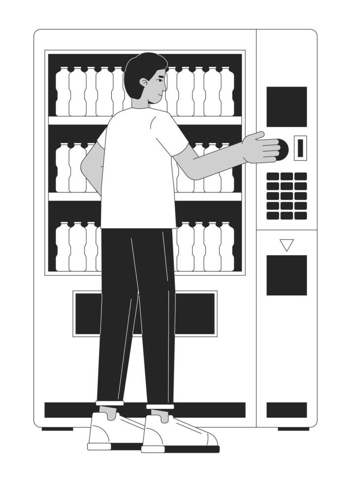 indiano uomo acquisto bevanda vending macchina nero e bianca 2d linea cartone animato carattere. adulto maschio acquisto acqua bottiglia isolato vettore schema persona. consumatore monocromatico piatto individuare illustrazione