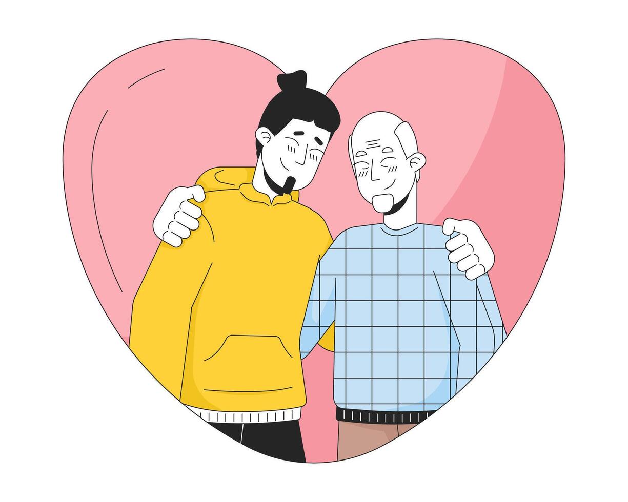 a forma di cuore abbraccio padre figlio più vecchio 2d lineare cartone animato personaggi. a forma di cuore abbraccio anziano papà caucasico isolato linea vettore persone bianca sfondo. amato relazioni colore piatto individuare illustrazione