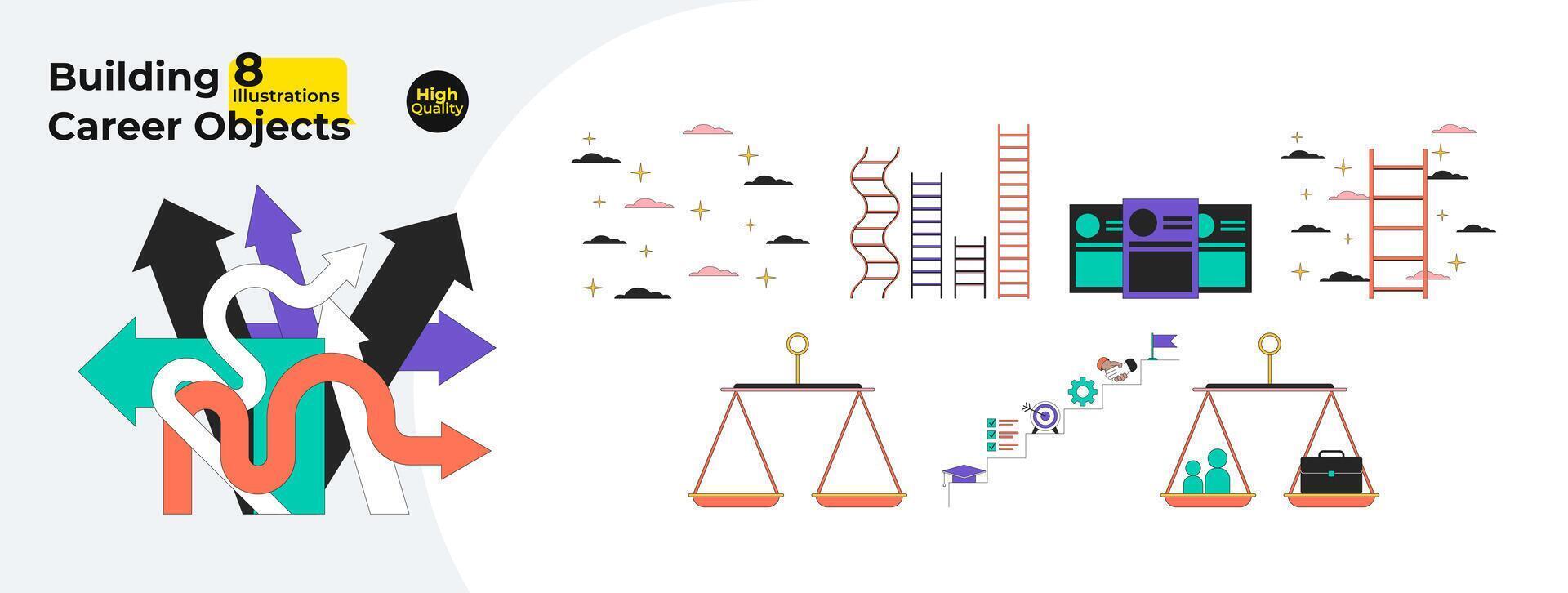edificio carriera 2d lineare cartone animato oggetti fascio. bilancia equilibrio, scale isolato linea vettore elementi bianca sfondo. professionale crescita, realizzazione obiettivi colore piatto individuare illustrazione collezione