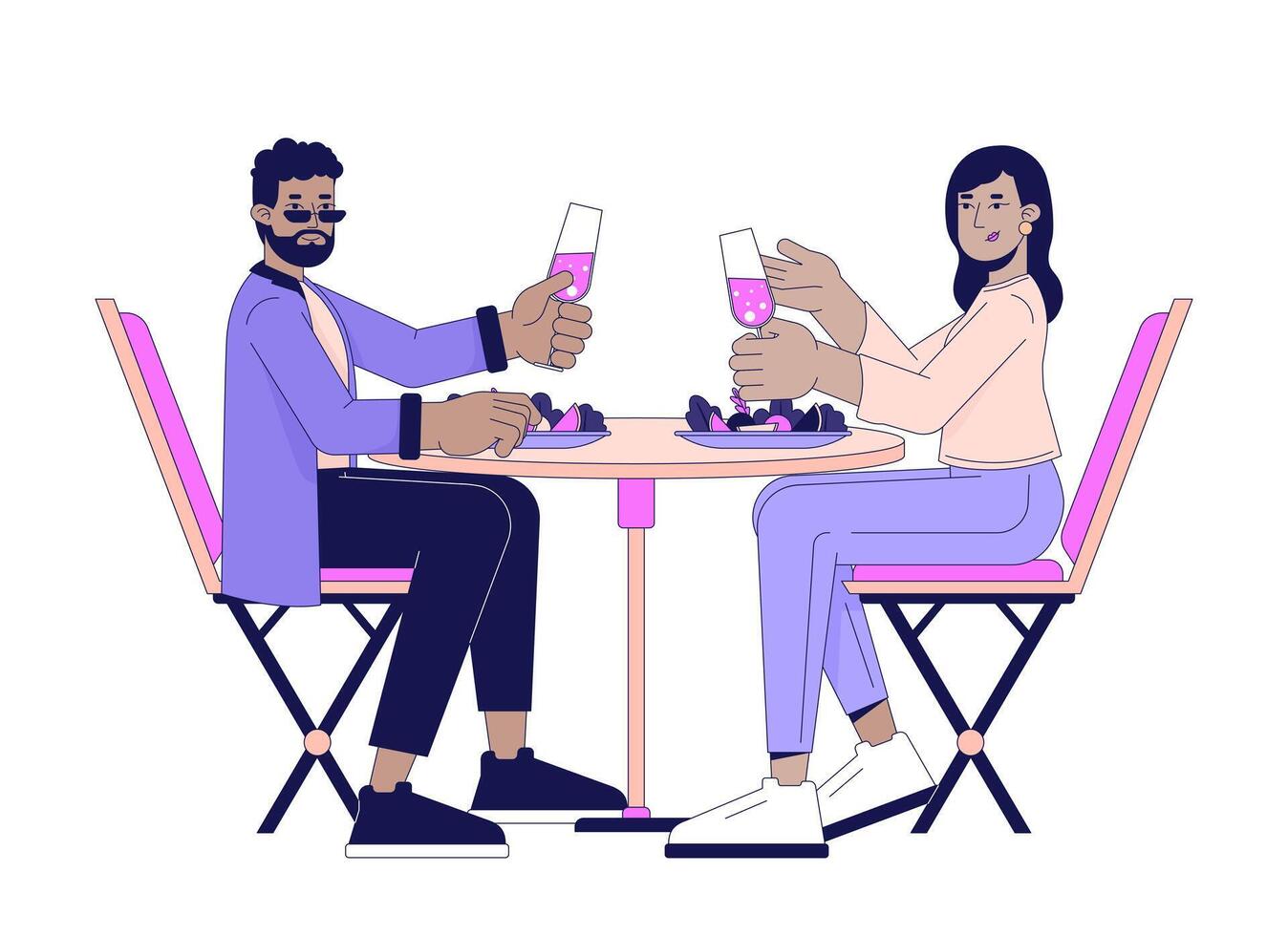 sposato coppia mangiare cena lineare cartone animato personaggi vettore