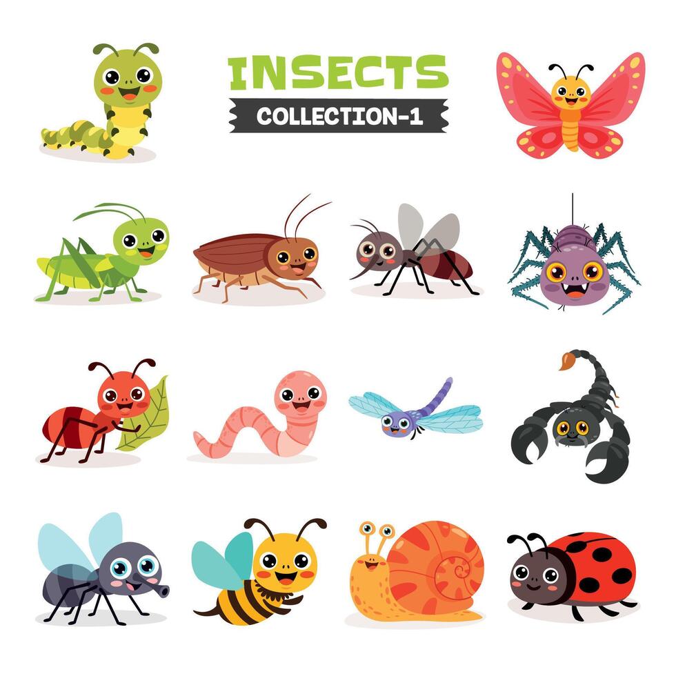 impostato di vario cartone animato insetti vettore