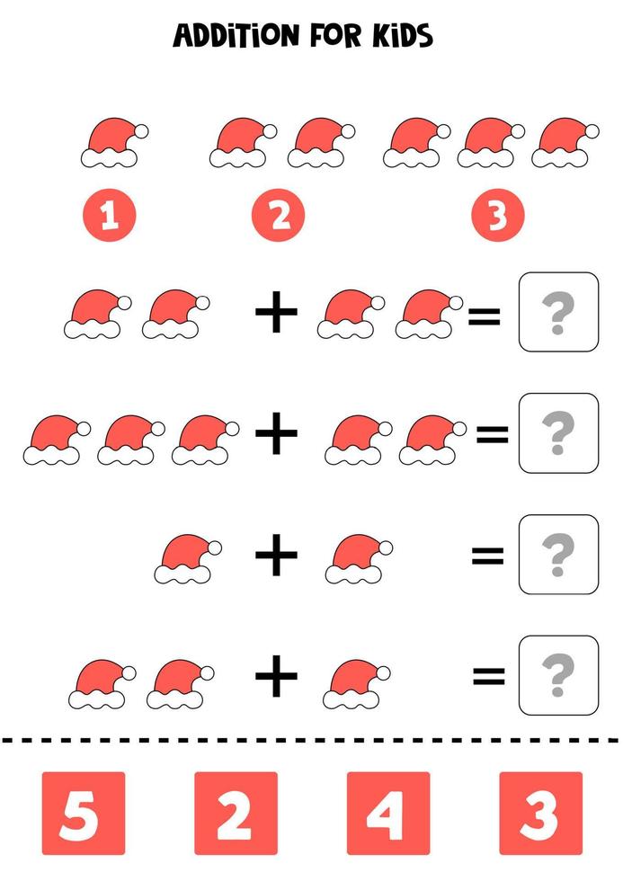 foglio di lavoro aggiuntivo con cappello di Natale dei cartoni animati. gioco di matematica. vettore