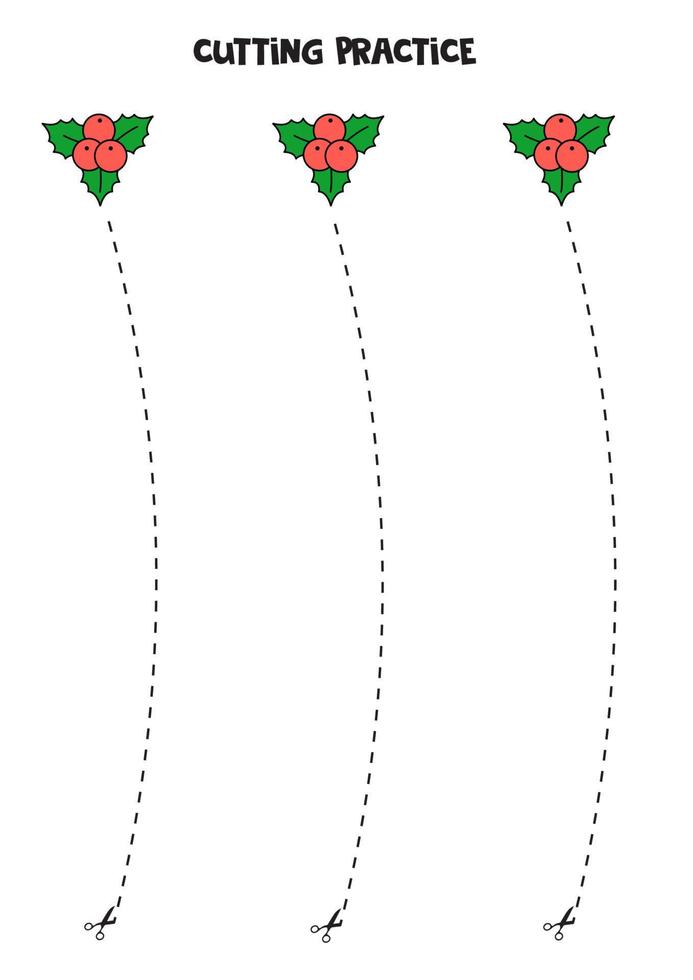 pratica di taglio per bambini con agrifoglio di natale simpatico cartone animato. vettore