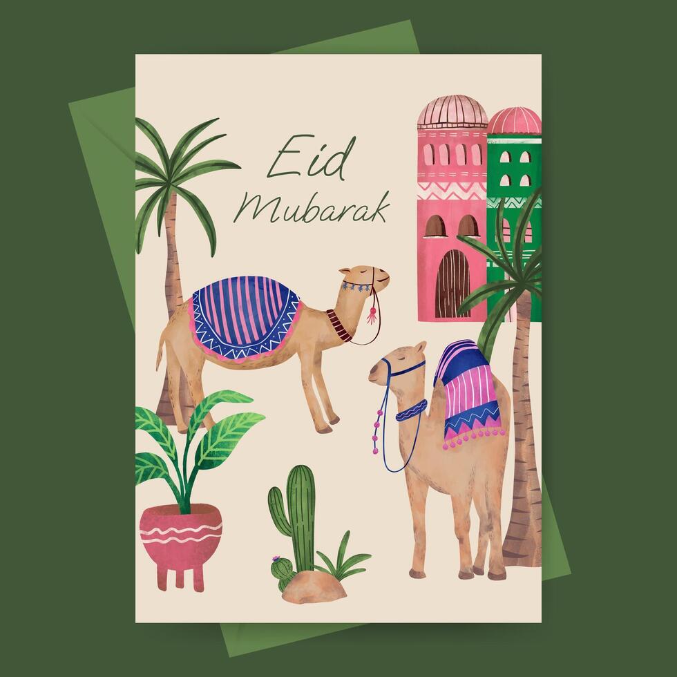 islamico saluto carta con moschea e pianta illustrazione per Ramadan eid mubarak islamico giorno. vettore