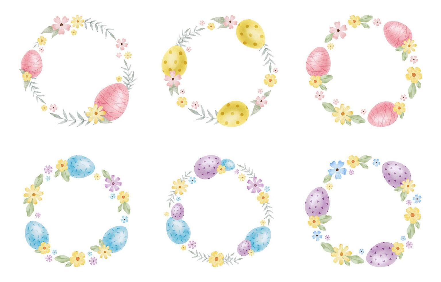 telaio di carino colorato Pasqua uova, fiori e le foglie. sfondo con Pasqua uova con pastello colori. isolato acquerello illustrazione. modello per Pasqua carte, copertine, manifesti e inviti. vettore