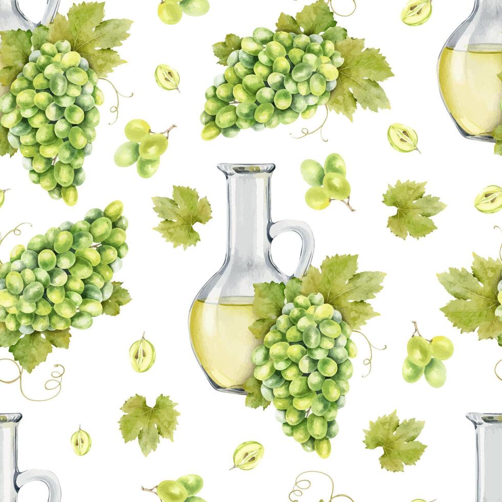 mazzo di verde uva, brocca con uva seme olio e le foglie. caraffa con uva succo. acquerello senza soluzione di continuità modello sfondo. per tessuto, confezione carta, scrapbooking, Prodotto confezione design vettore