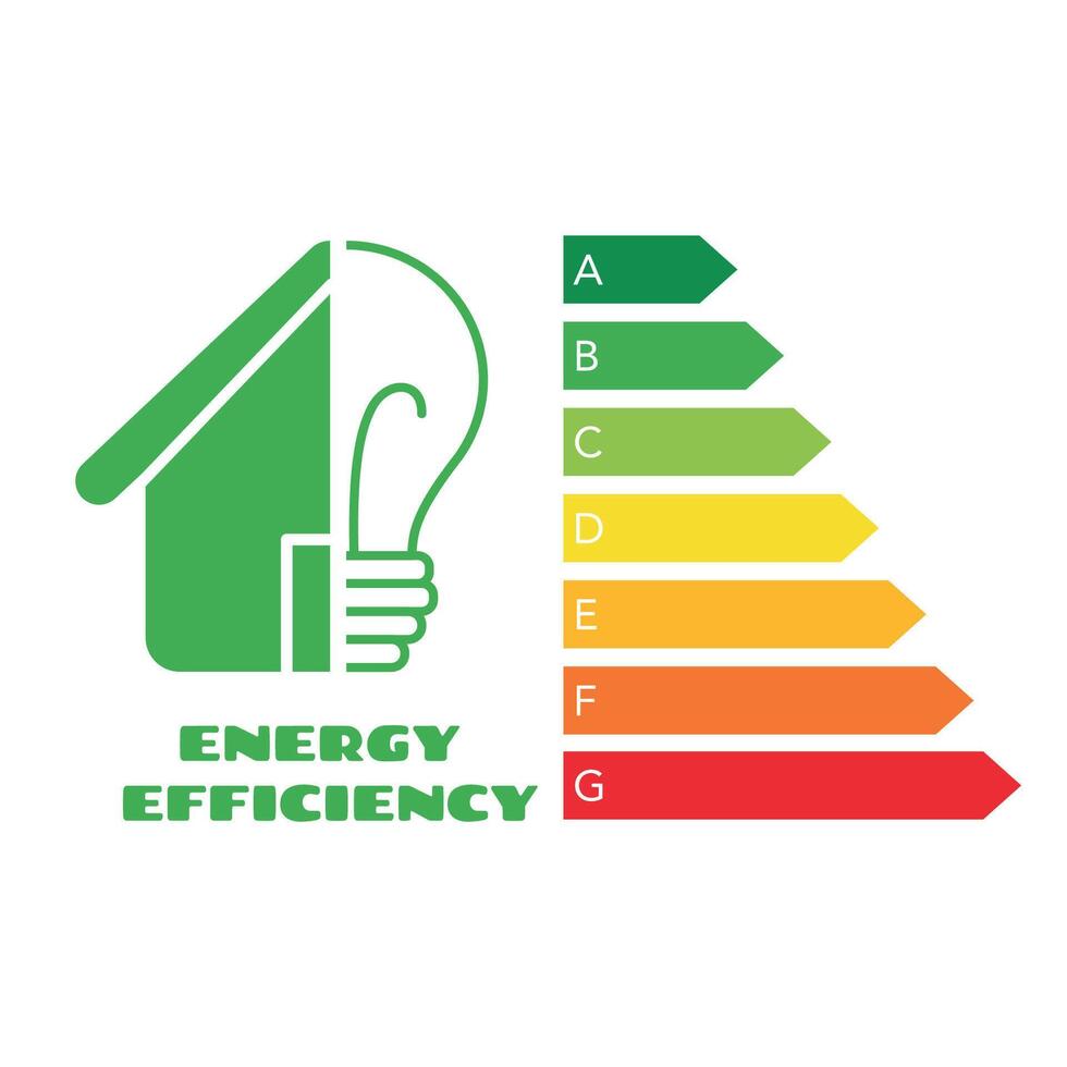 metà Casa e lampadina icona con energia efficienza grafico cartello. energia classe valutazione. Salva energia icona vettore