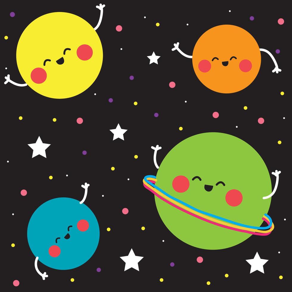 illustrazione di pianeti nel spazio con il cielo di stelle carino disegni sorridente pianeti di il universo kawaii illustrazione vettore