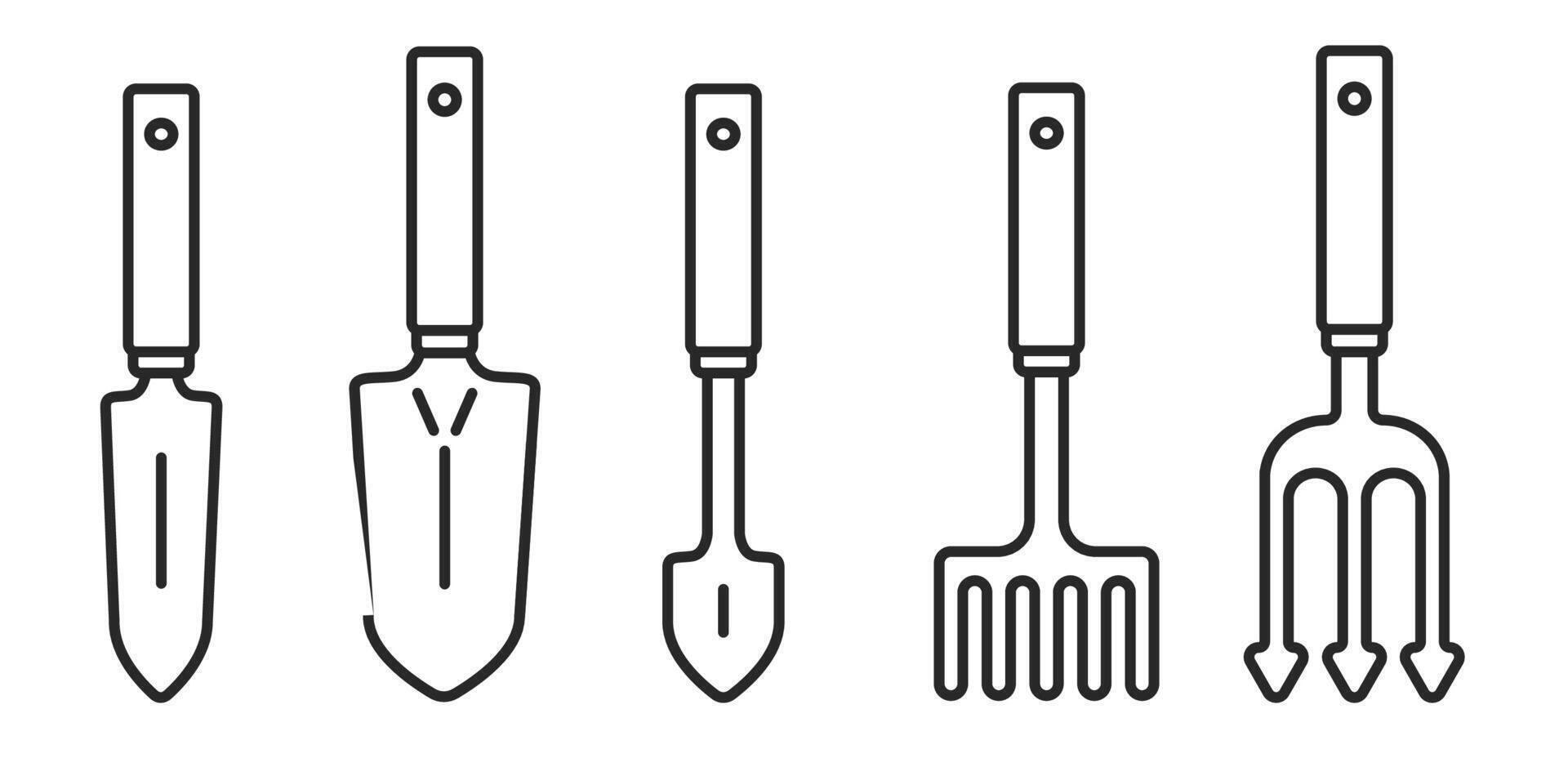 piccolo giardino utensili schema icona. un' semplice linea. impostare. pala icona, rastrello icona. vettore