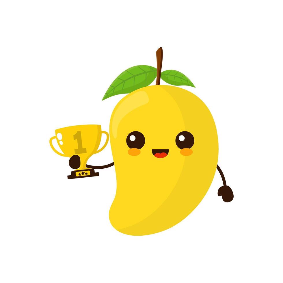 carino contento Mango frutta con oro trofeo. vettore piatto frutta cartone animato personaggio illustrazione icona design