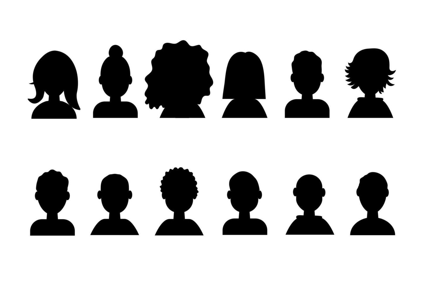 un' impostato di femmina e maschio icone, avatar. silhouette di donne e uomini con diverso acconciature. nel silhouette stile. vettore