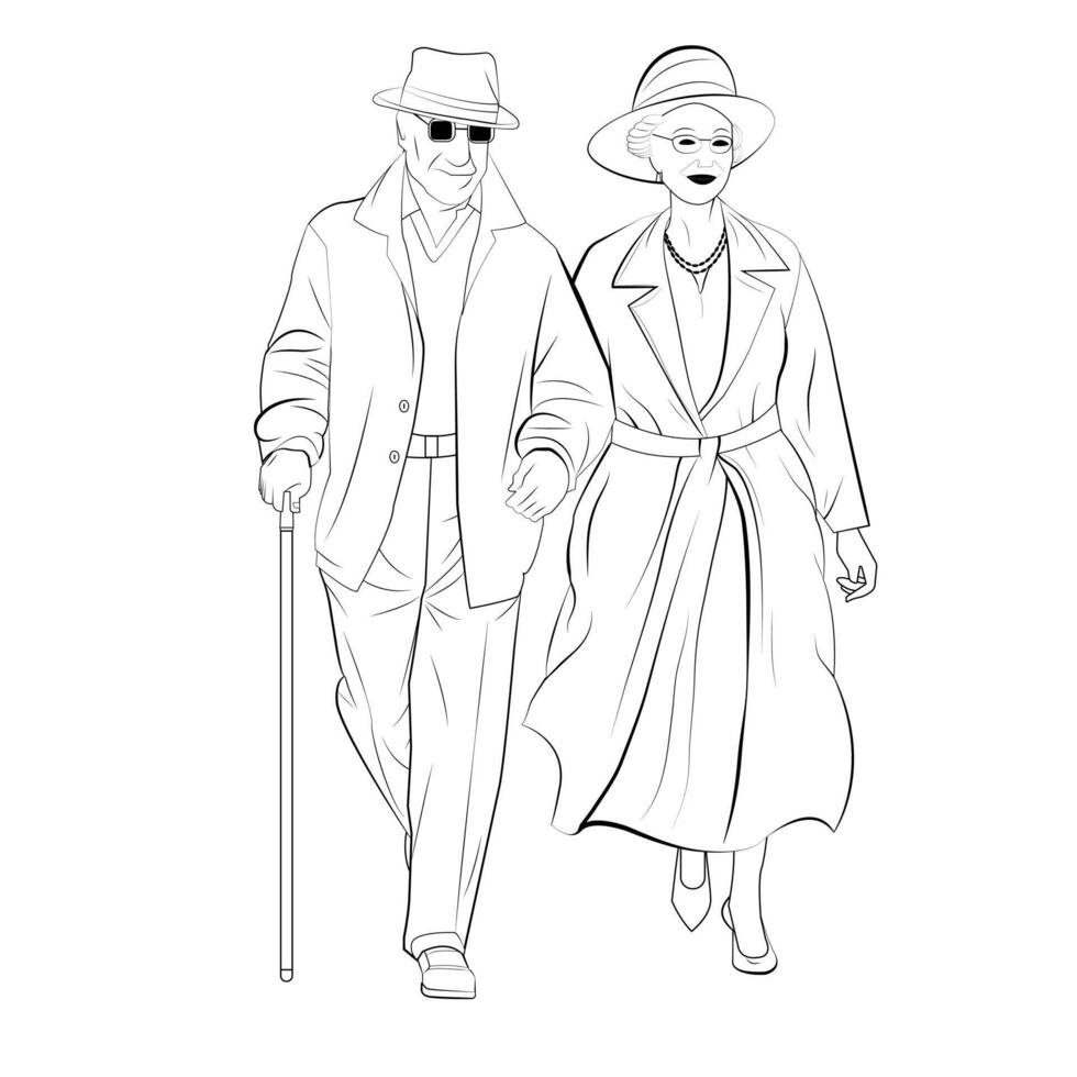 contento anziano coppia a piedi linea arte vettore