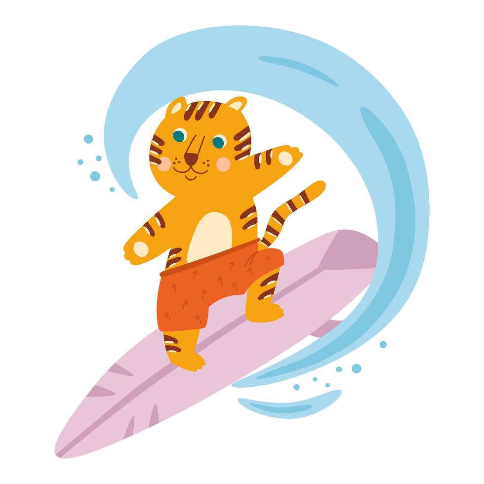 animale fare surf. vettore carino surfer tigre su tavola da surf. divertente estate sport illustrazione, tempo libero, spiaggia attività design mano disegnato nel infantile stile. divertente surfer isolato elemento.