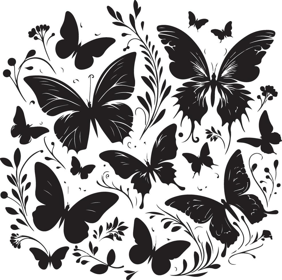 farfalle e fiori, modello con farfalle, impostato di farfalle, volante farfalle silhouette nero impostato isolato su bianca sfondo vettore
