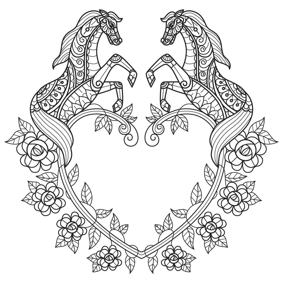 cavallo e cuore telaio mano disegnato per adulto colorazione libro vettore