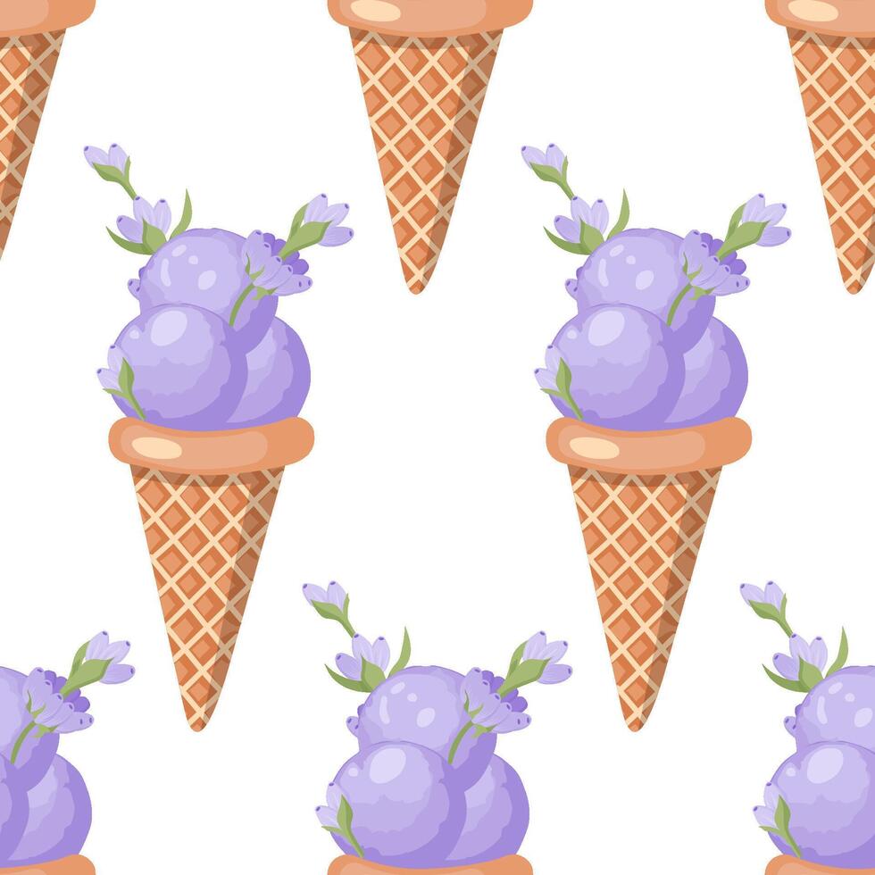 lavanda ghiaccio crema. tre scoop di cremoso dolce dolce nel un' cialda cono. viola sorbetto. senza soluzione di continuità modello. vettore illustrazione.