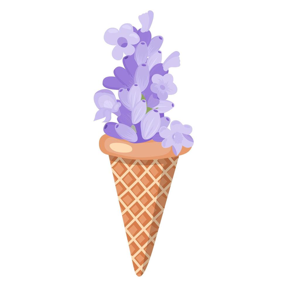 lavanda fiori nel un ghiaccio crema cono. vettore illustrazione isolato su bianca sfondo.