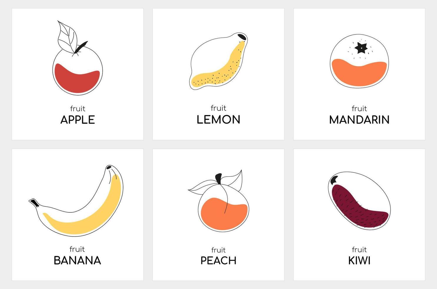 contorno frutta con un' individuare di colore. carte per apprendimento inglese su il argomento di frutta. mela, Limone e mandarino. Banana pesca e Kiwi. collezione di manifesti o cartoline. vettore illustrazione