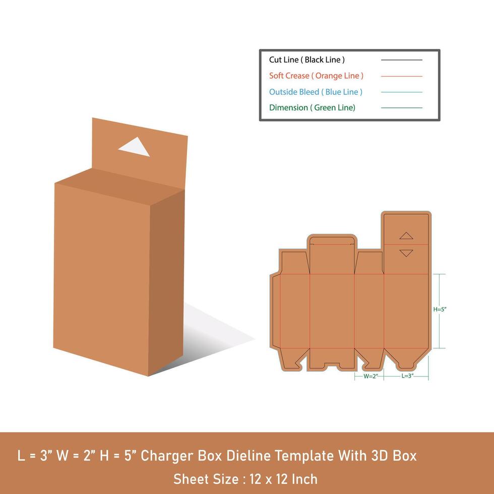 caricabatterie scatola Dieline modello e 3d scatola vettore