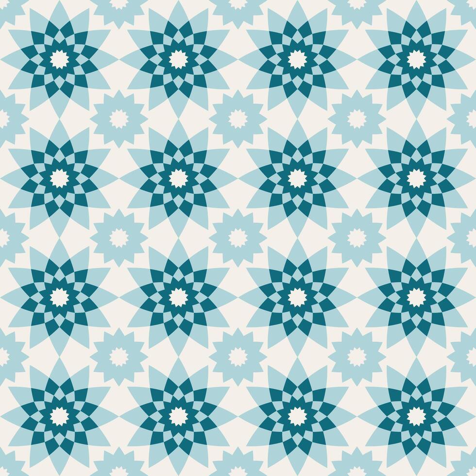 Arabo geometrico mosaico stampabile senza soluzione di continuità modello con astratto marocchino Stampa nel blu e arancia colori. Ramadan kareem tradizionale islamico arte illustrazione sfondo vettore