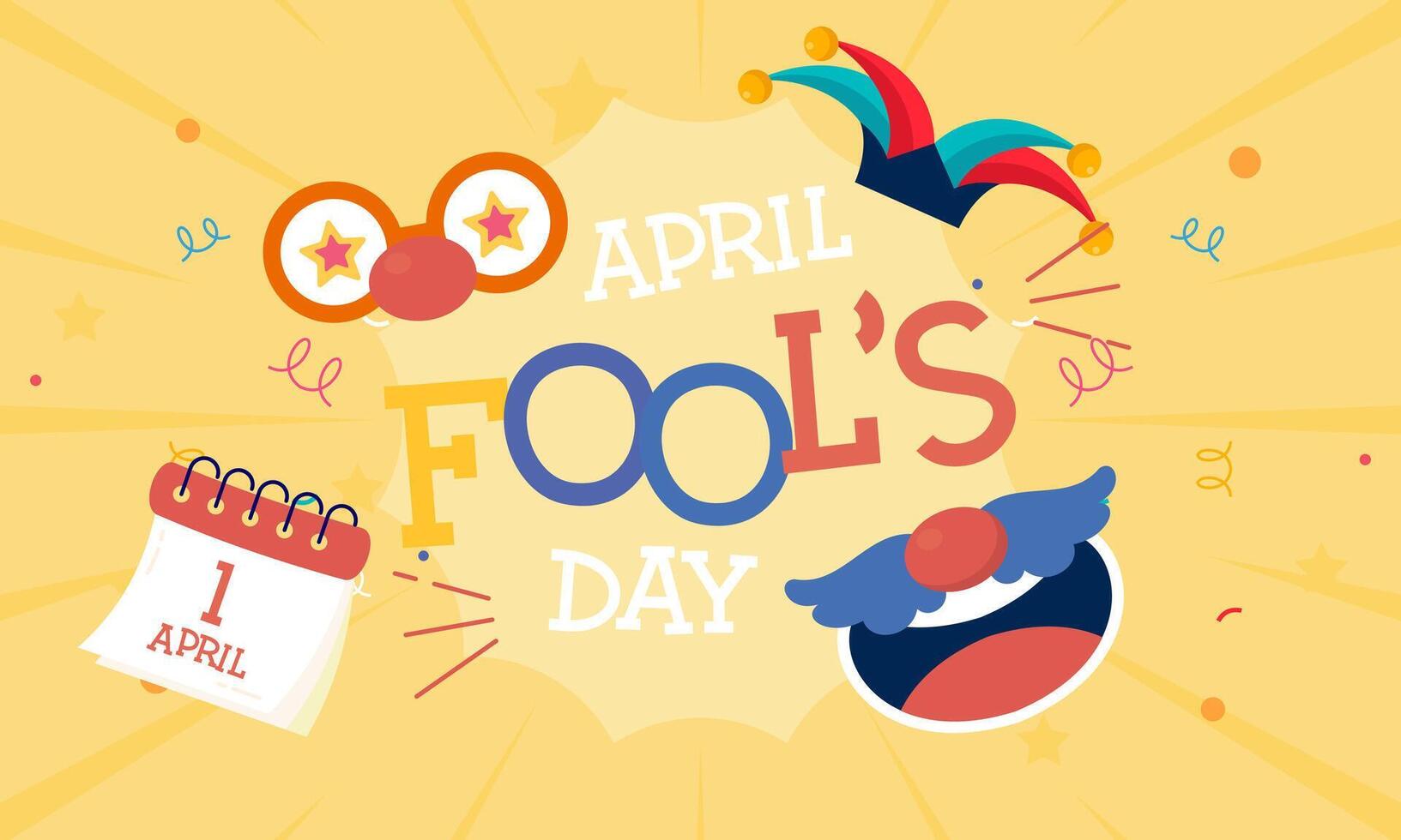contento aprile sciocchi giorno vettore concetto con clown, divertente cappello, e sorpresa icone